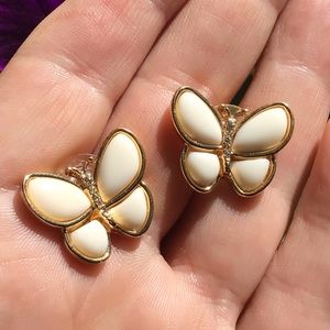 Vintage Cream enamel butterfly earrings goldtone rhinestones